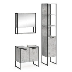 Badmöbel Set "Fyrk" Beton/Schwarz 3 Teile, Mit Unterschrank 60 Cm Vicco