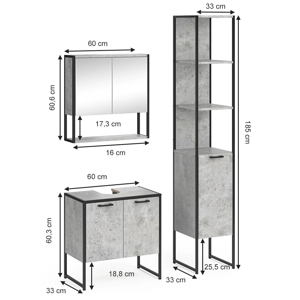 Badmöbel Set "Fyrk" Beton/Schwarz 3 Teile, Mit Unterschrank 60 Cm Vicco 5 Badmöbel Set "Fyrk" Beton/Schwarz 3 Teile, Mit Unterschrank 60 Cm Vicco – Bild 3