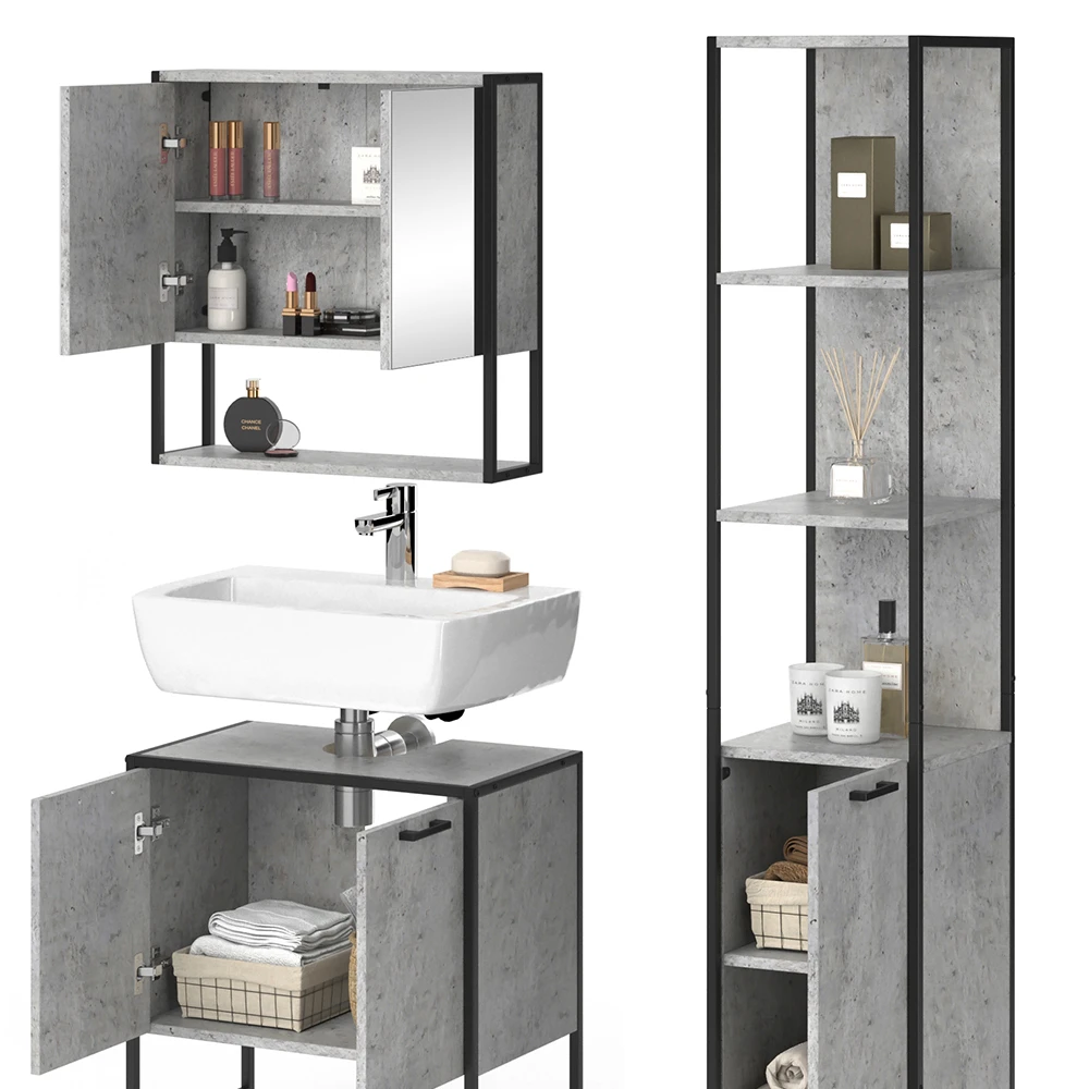 Badmöbel Set "Fyrk" Beton/Schwarz 3 Teile, Mit Unterschrank 60 Cm Vicco 8 Badmöbel Set "Fyrk" Beton/Schwarz 3 Teile, Mit Unterschrank 60 Cm Vicco – Bild 6