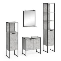Badmöbel Set "Fyrk" Beton/Schwarz 4 Teile, Mit Hochschrank Vicco