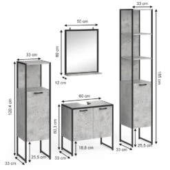 Badmöbel Set "Fyrk" Beton/Schwarz 4 Teile, Mit Hochschrank Vicco -Vicco m3171 03 ol