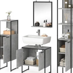 Badmöbel Set "Fyrk" Beton/Schwarz 4 Teile, Mit Hochschrank Vicco -Vicco m3171 06 ol