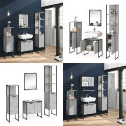 Badmöbel Set "Fyrk" Beton/Schwarz 4 Teile, Mit Hochschrank Vicco -Vicco m3171 08 ol