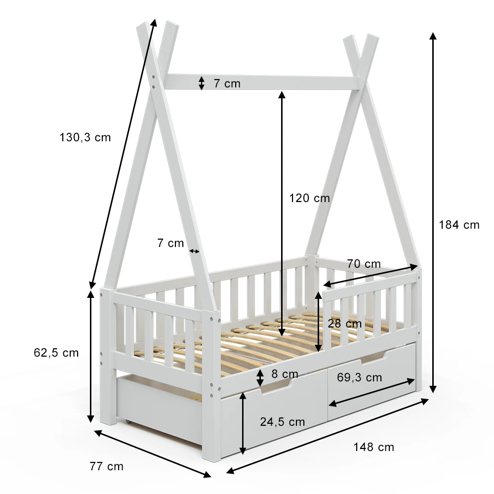 Tipi-Bett "Tipi" Weiß 70x140 Cm Mit Rausfallschutz Und Schubladen Vitalispa 6 Tipi-Bett "Tipi" Weiß 70x140 Cm Mit Rausfallschutz Und Schubladen Vitalispa – Bild 4