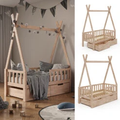 Tipi-Bett "Tipi" Naturholz 70x140 Cm Mit Rausfallschutz Und Schubladen Vitalispa -Vicco m3385 2s 02 ol