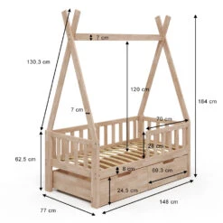 Tipi-Bett "Tipi" Naturholz 70x140 Cm Mit Rausfallschutz Und Schubladen Vitalispa -Vicco m3385 2s 03 ol