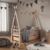 Tipi-Bett "Tipi" Naturholz 70x140 Cm Mit Rausfallschutz Und Schubladen Vitalispa