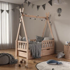 Tipi-Bett "Tipi" Naturholz 70x140 Cm Mit Rausfallschutz Und Schubladen Vitalispa