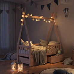 Tipi-Bett "Tipi" Naturholz 70x140 Cm Mit Rausfallschutz Und Schubladen Vitalispa -Vicco m3385 2s 06 ol