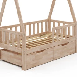 Tipi-Bett "Tipi" Naturholz 70x140 Cm Mit Rausfallschutz Und Schubladen Vitalispa -Vicco m3385 2s 07 ol