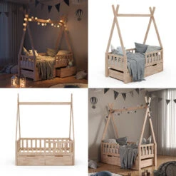 Tipi-Bett "Tipi" Naturholz 70x140 Cm Mit Rausfallschutz Und Schubladen Vitalispa -Vicco m3385 2s 08 ol