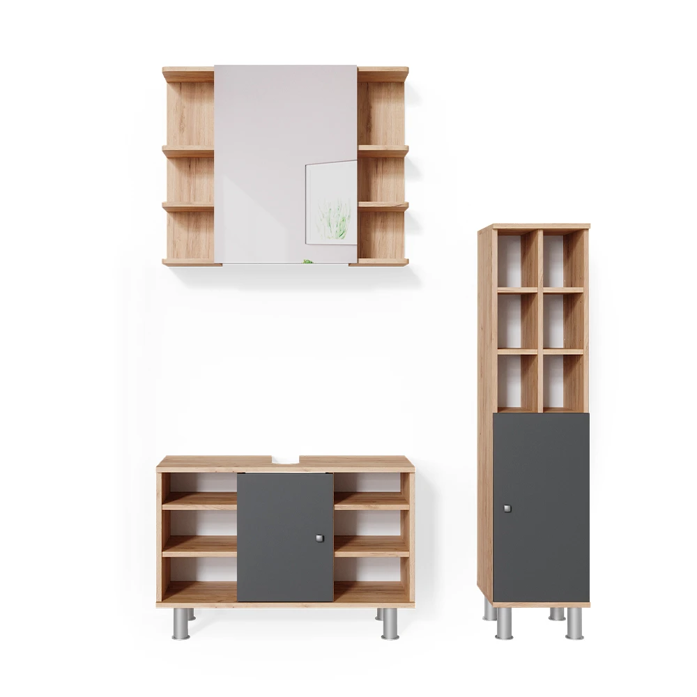 Badmöbel Set "Fynn" Goldkraft Eiche/Anthrazit 3 Teile, Mit Midischrank Tür Groß Vicco 3 Badmöbel Set "Fynn" Goldkraft Eiche/Anthrazit 3 Teile, Mit Midischrank Tür Groß Vicco