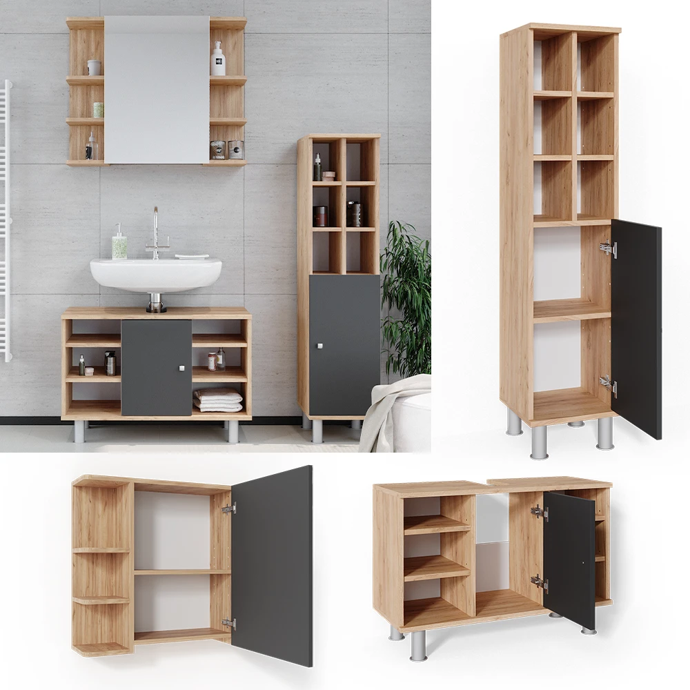 Badmöbel Set "Fynn" Goldkraft Eiche/Anthrazit 3 Teile, Mit Midischrank Tür Groß Vicco 4 Badmöbel Set "Fynn" Goldkraft Eiche/Anthrazit 3 Teile, Mit Midischrank Tür Groß Vicco – Bild 2