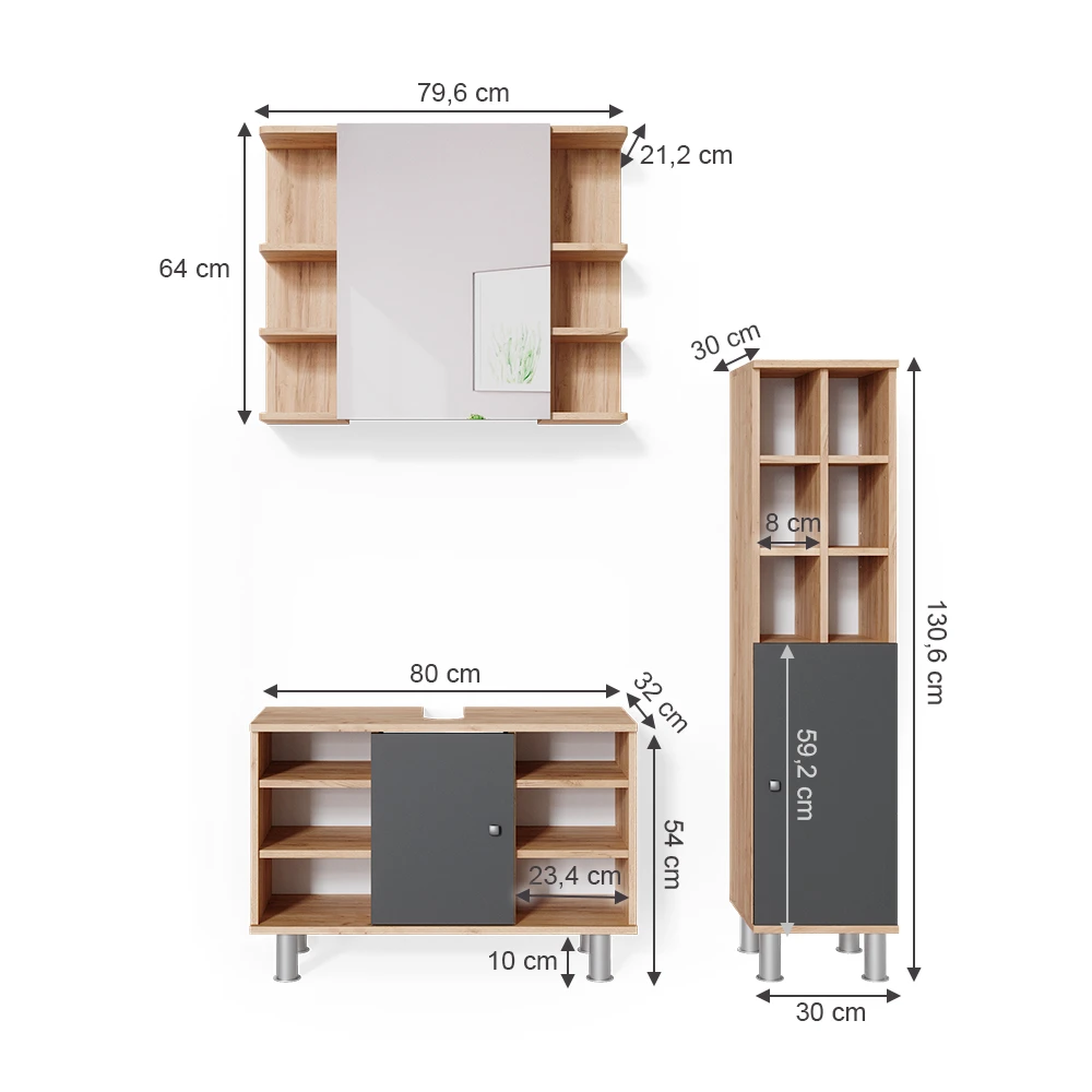 Badmöbel Set "Fynn" Goldkraft Eiche/Anthrazit 3 Teile, Mit Midischrank Tür Groß Vicco 5 Badmöbel Set "Fynn" Goldkraft Eiche/Anthrazit 3 Teile, Mit Midischrank Tür Groß Vicco – Bild 3