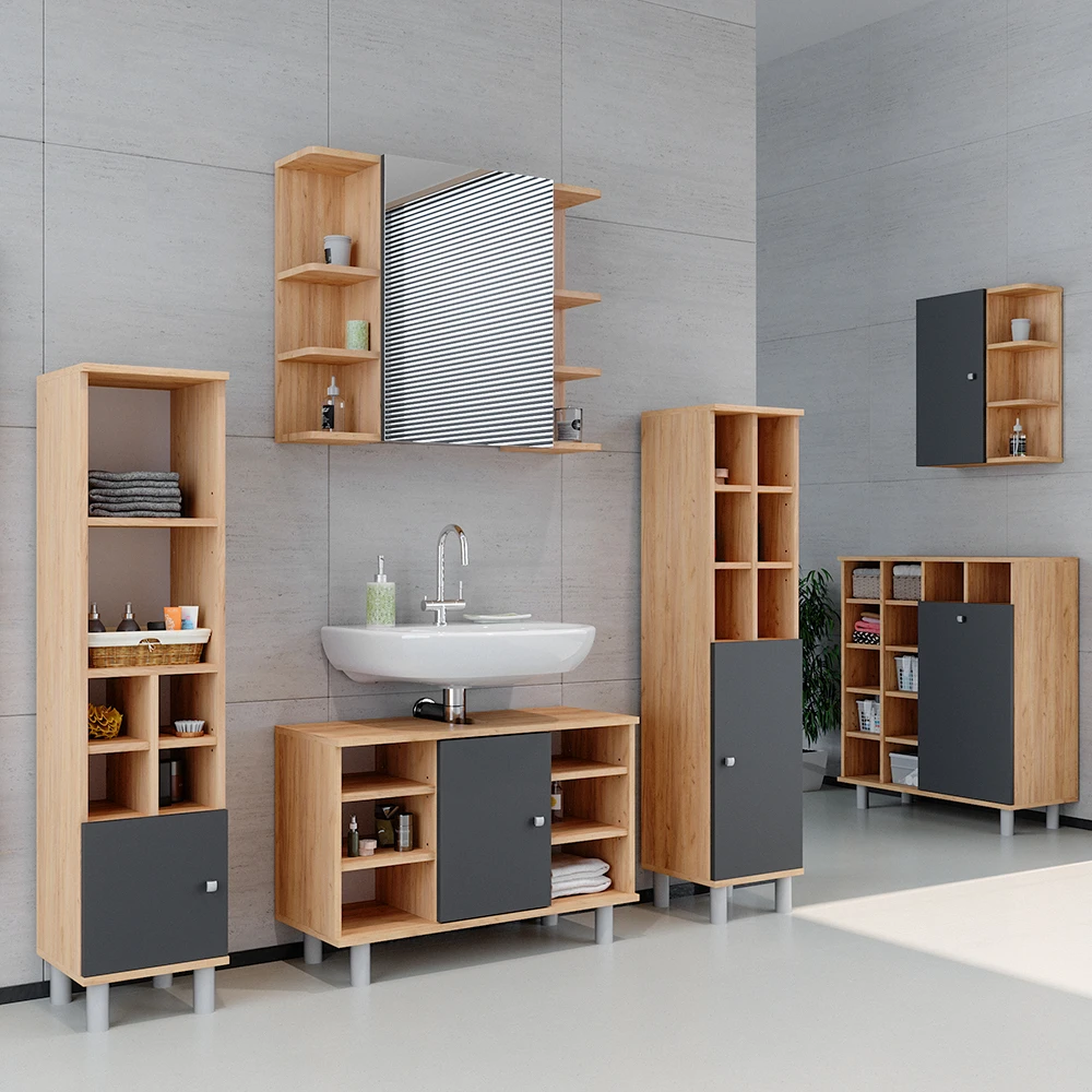 Badmöbel Set "Fynn" Goldkraft Eiche/Anthrazit 3 Teile, Mit Midischrank Tür Groß Vicco 6 Badmöbel Set "Fynn" Goldkraft Eiche/Anthrazit 3 Teile, Mit Midischrank Tür Groß Vicco – Bild 4