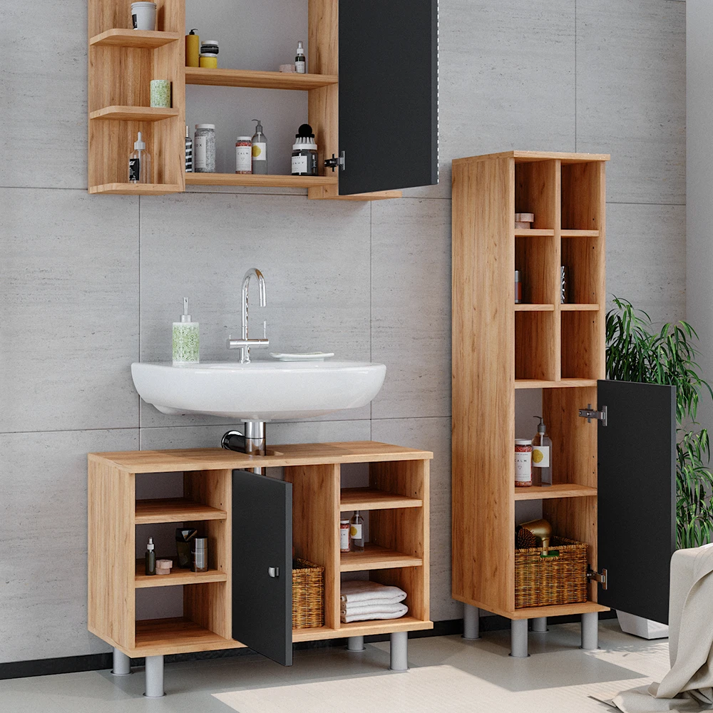 Badmöbel Set "Fynn" Goldkraft Eiche/Anthrazit 3 Teile, Mit Midischrank Tür Groß Vicco 7 Badmöbel Set "Fynn" Goldkraft Eiche/Anthrazit 3 Teile, Mit Midischrank Tür Groß Vicco – Bild 5