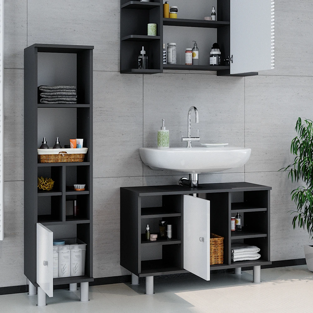 Badmöbel Set "Fynn" Anthrazit/Weiß 3 Teile, Mit Midischrank Tür Klein Vicco 7 Badmöbel Set "Fynn" Anthrazit/Weiß 3 Teile, Mit Midischrank Tür Klein Vicco – Bild 5