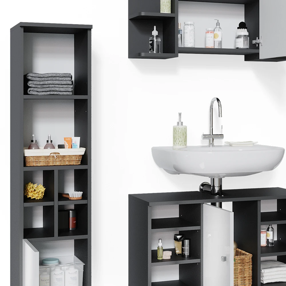 Badmöbel Set "Fynn" Anthrazit/Weiß 3 Teile, Mit Midischrank Tür Klein Vicco 8 Badmöbel Set "Fynn" Anthrazit/Weiß 3 Teile, Mit Midischrank Tür Klein Vicco – Bild 6