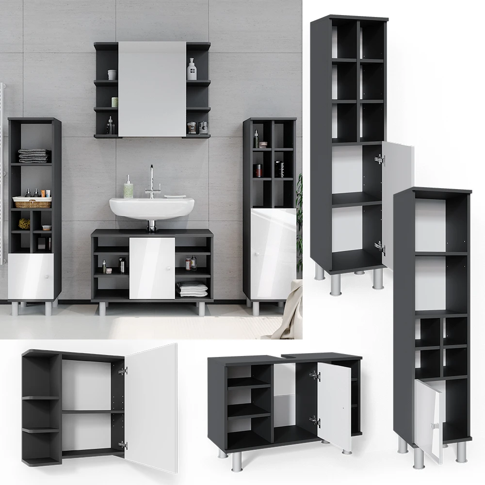 Badmöbel Set "Fynn" Anthrazit/Weiß 4 Teile, Mit Midischränke Vicco 4 Badmöbel Set "Fynn" Anthrazit/Weiß 4 Teile, Mit Midischränke Vicco – Bild 2