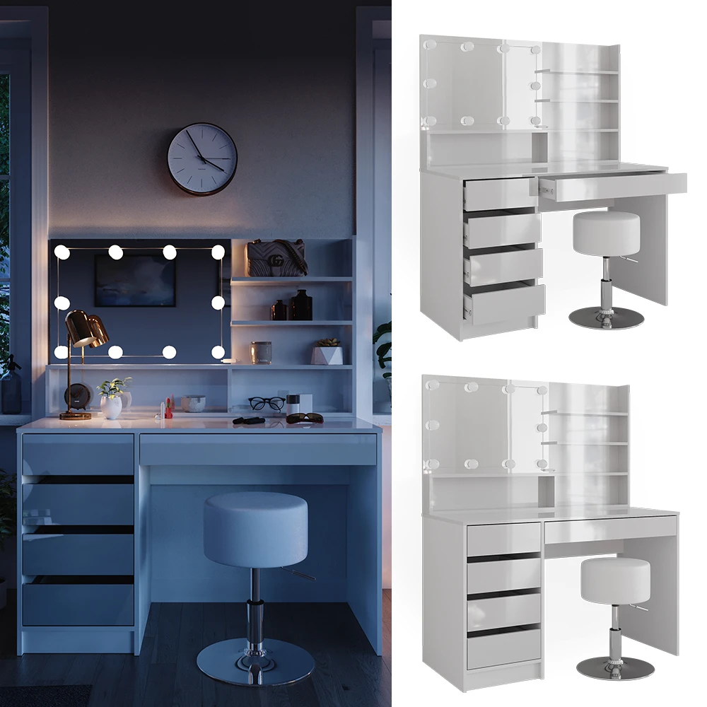 Schminktisch "Sherry" Weiß Hochglanz 120 Cm Mit LED Beleuchtung, Hocker Und Spiegelregal Vicco 4 Schminktisch "Sherry" Weiß Hochglanz 120 Cm Mit LED Beleuchtung, Hocker Und Spiegelregal Vicco – Bild 2