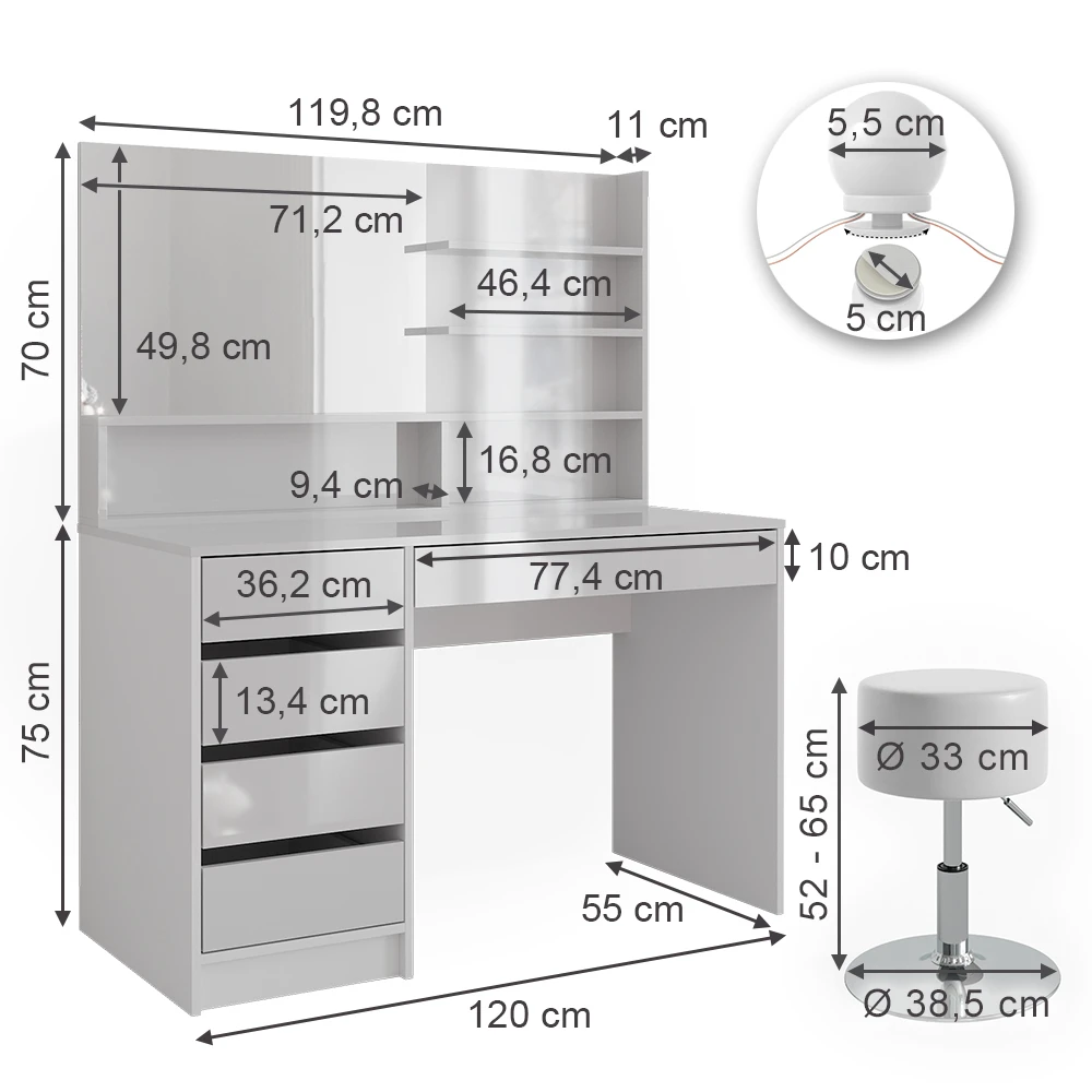 Schminktisch "Sherry" Weiß Hochglanz 120 Cm Mit LED Beleuchtung, Hocker Und Spiegelregal Vicco 5 Schminktisch "Sherry" Weiß Hochglanz 120 Cm Mit LED Beleuchtung, Hocker Und Spiegelregal Vicco – Bild 3