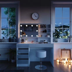 Schminktisch "Sherry" Weiß Hochglanz 120 Cm Mit LED Beleuchtung, Hocker Und Spiegelregal Vicco 14 Schminktisch "Sherry" Weiß Hochglanz 120 Cm Mit LED Beleuchtung, Hocker Und Spiegelregal Vicco -Vicco m3828 spr hw l 04 ol