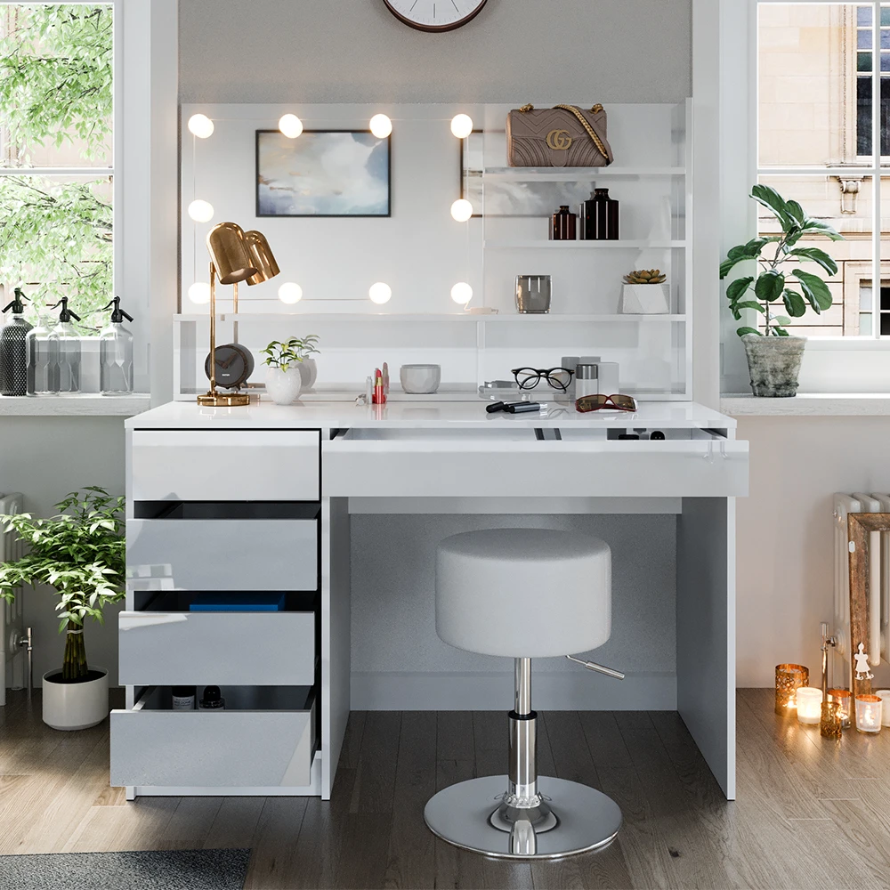 Schminktisch "Sherry" Weiß Hochglanz 120 Cm Mit LED Beleuchtung, Hocker Und Spiegelregal Vicco 7 Schminktisch "Sherry" Weiß Hochglanz 120 Cm Mit LED Beleuchtung, Hocker Und Spiegelregal Vicco – Bild 5