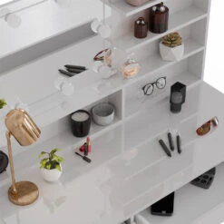 Schminktisch "Sherry" Weiß Hochglanz 120 Cm Mit LED Beleuchtung, Hocker Und Spiegelregal Vicco 16 Schminktisch "Sherry" Weiß Hochglanz 120 Cm Mit LED Beleuchtung, Hocker Und Spiegelregal Vicco -Vicco m3828 spr hw l 06 ol