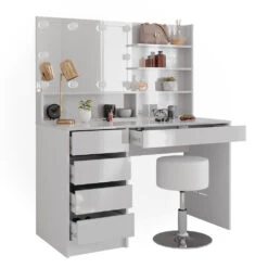 Schminktisch "Sherry" Weiß Hochglanz 120 Cm Mit LED Beleuchtung, Hocker Und Spiegelregal Vicco 17 Schminktisch "Sherry" Weiß Hochglanz 120 Cm Mit LED Beleuchtung, Hocker Und Spiegelregal Vicco -Vicco m3828 spr hw l 07 ol