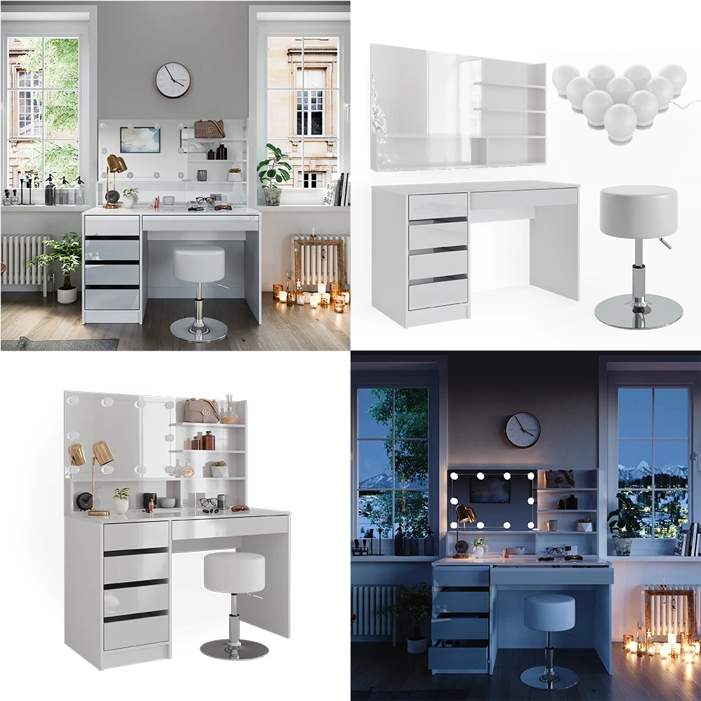 Schminktisch "Sherry" Weiß Hochglanz 120 Cm Mit LED Beleuchtung, Hocker Und Spiegelregal Vicco 10 Schminktisch "Sherry" Weiß Hochglanz 120 Cm Mit LED Beleuchtung, Hocker Und Spiegelregal Vicco – Bild 8