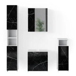 Badmöbel Set "Nero" Marmor/Weiß 4 Teile Vicco