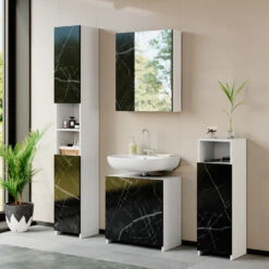 Badmöbel Set "Nero" Marmor/Weiß 4 Teile Vicco -Vicco m4003 04 ol