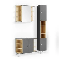 Badmöbel Set "Aquis" Anthrazit/Sonoma 3 Teile, Mit Hochschrank Vicco
