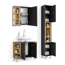 Badmöbel Set "Aquis" Anthrazit/Sonoma 3 Teile, Mit Hochschrank Vicco -Vicco m4044 07 ol