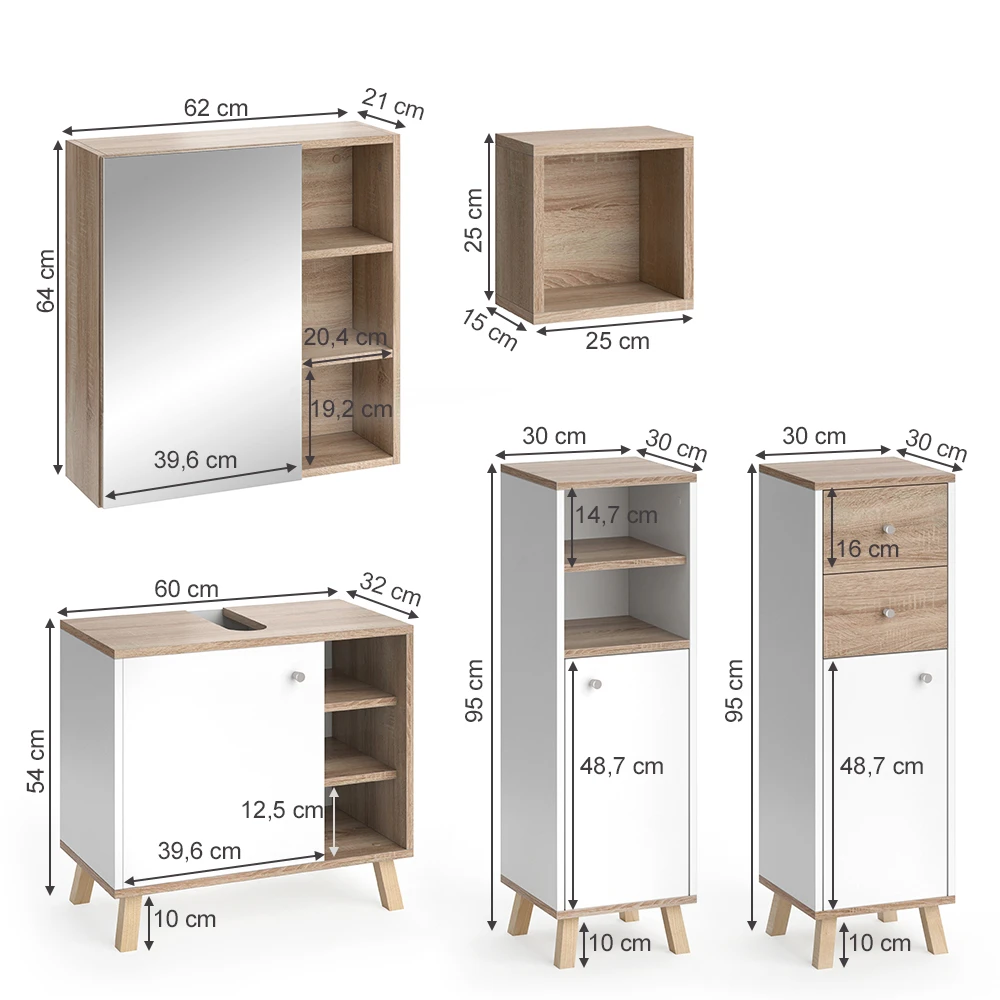 Badmöbel Set "Senyo" Weiß/Sonoma 5 Teile, Mit Regalen Vicco 5 Badmöbel Set "Senyo" Weiß/Sonoma 5 Teile, Mit Regalen Vicco – Bild 3