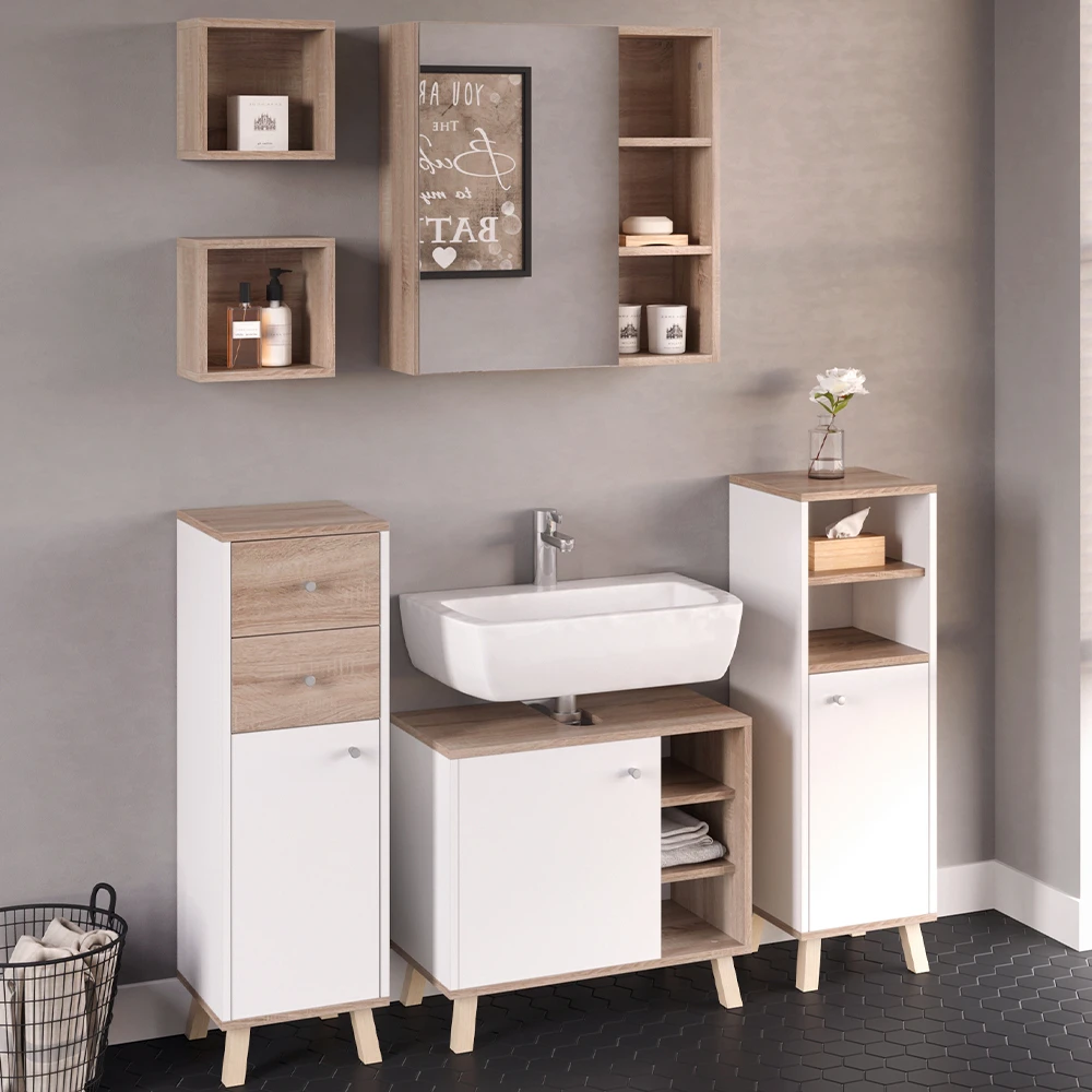 Badmöbel Set "Senyo" Weiß/Sonoma 5 Teile, Mit Regalen Vicco 6 Badmöbel Set "Senyo" Weiß/Sonoma 5 Teile, Mit Regalen Vicco – Bild 4