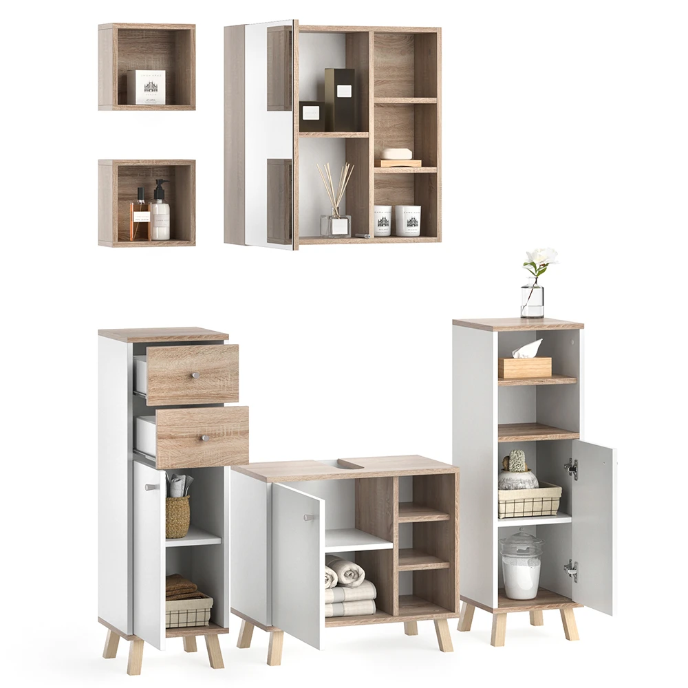 Badmöbel Set "Senyo" Weiß/Sonoma 5 Teile, Mit Regalen Vicco 9 Badmöbel Set "Senyo" Weiß/Sonoma 5 Teile, Mit Regalen Vicco – Bild 7