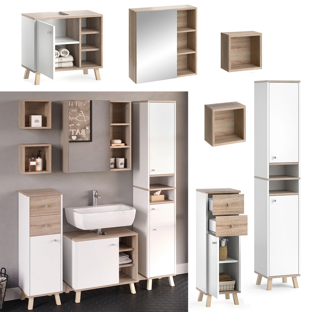 Badmöbel Set "Senyo" Weiß/Sonoma 5 Teile Vicco 4 Badmöbel Set "Senyo" Weiß/Sonoma 5 Teile Vicco – Bild 2