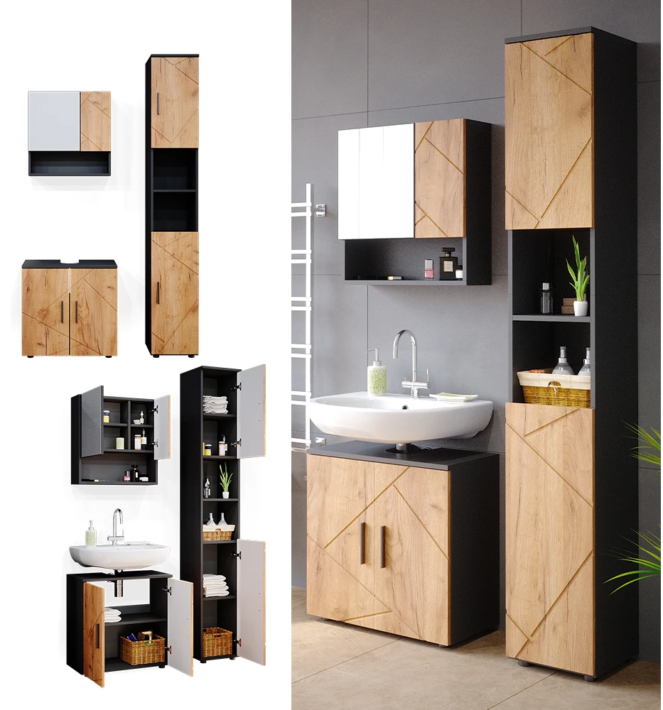 Badmöbel Set "Irma" Anthrazit/Eiche 3 Teile, Mit Hochschrank Vicco 4 Badmöbel Set "Irma" Anthrazit/Eiche 3 Teile, Mit Hochschrank Vicco – Bild 2