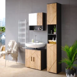 Badmöbel Set "Irma" Anthrazit/Eiche 3 Teile, Mit Hochschrank Vicco 12 Badmöbel Set "Irma" Anthrazit/Eiche 3 Teile, Mit Hochschrank Vicco -Vicco m4429 04 ol