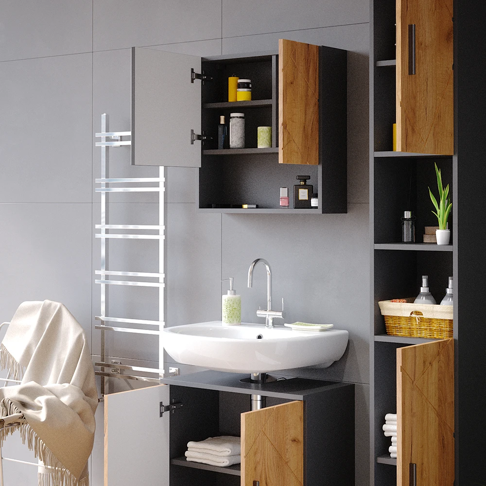 Badmöbel Set "Irma" Anthrazit/Eiche 3 Teile, Mit Hochschrank Vicco 7 Badmöbel Set "Irma" Anthrazit/Eiche 3 Teile, Mit Hochschrank Vicco – Bild 5