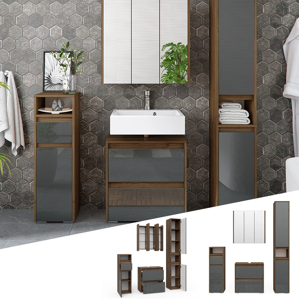 Badmöbel Set "Majest" Anthrazit/Nussbaum 4 Teile Vicco 4 Badmöbel Set "Majest" Anthrazit/Nussbaum 4 Teile Vicco – Bild 2