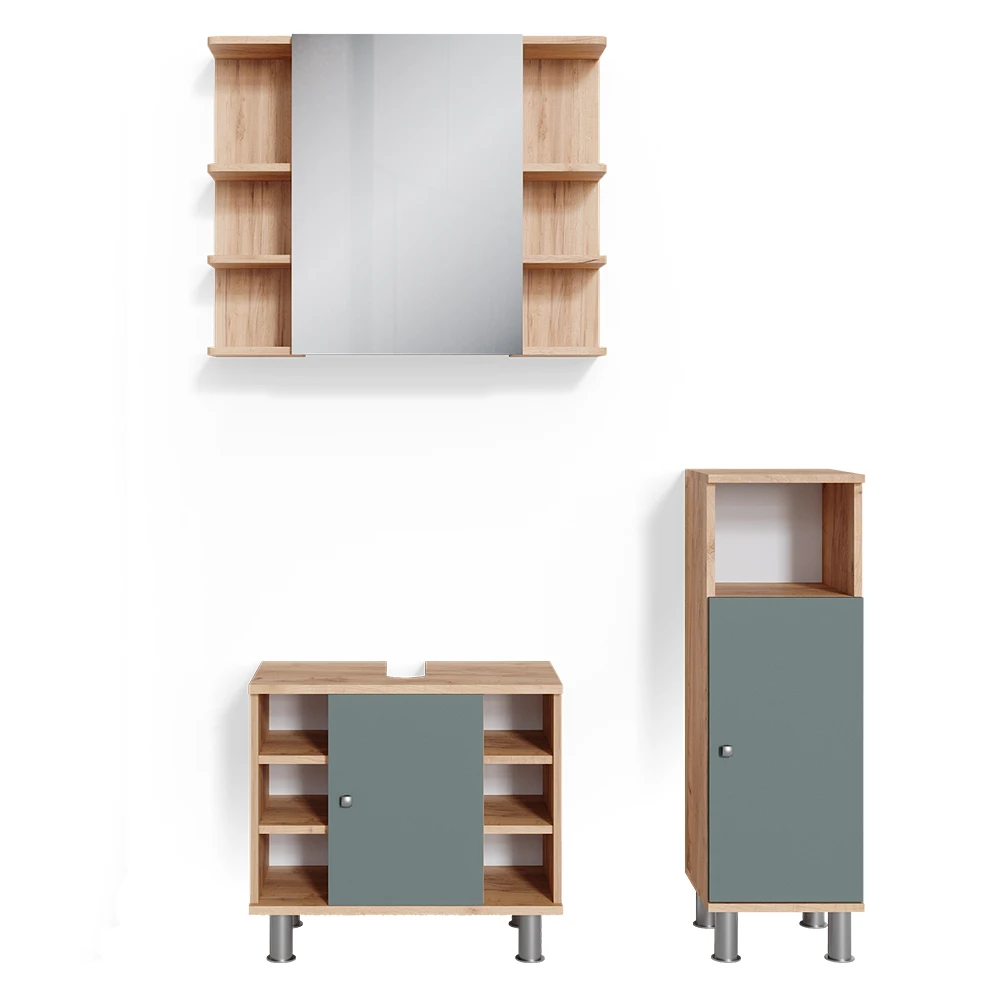 Badmöbel Set "Fynn" Grün/Goldkraft Eiche 3 Teile, Mit Midischrank Vicco 3 Badmöbel Set "Fynn" Grün/Goldkraft Eiche 3 Teile, Mit Midischrank Vicco