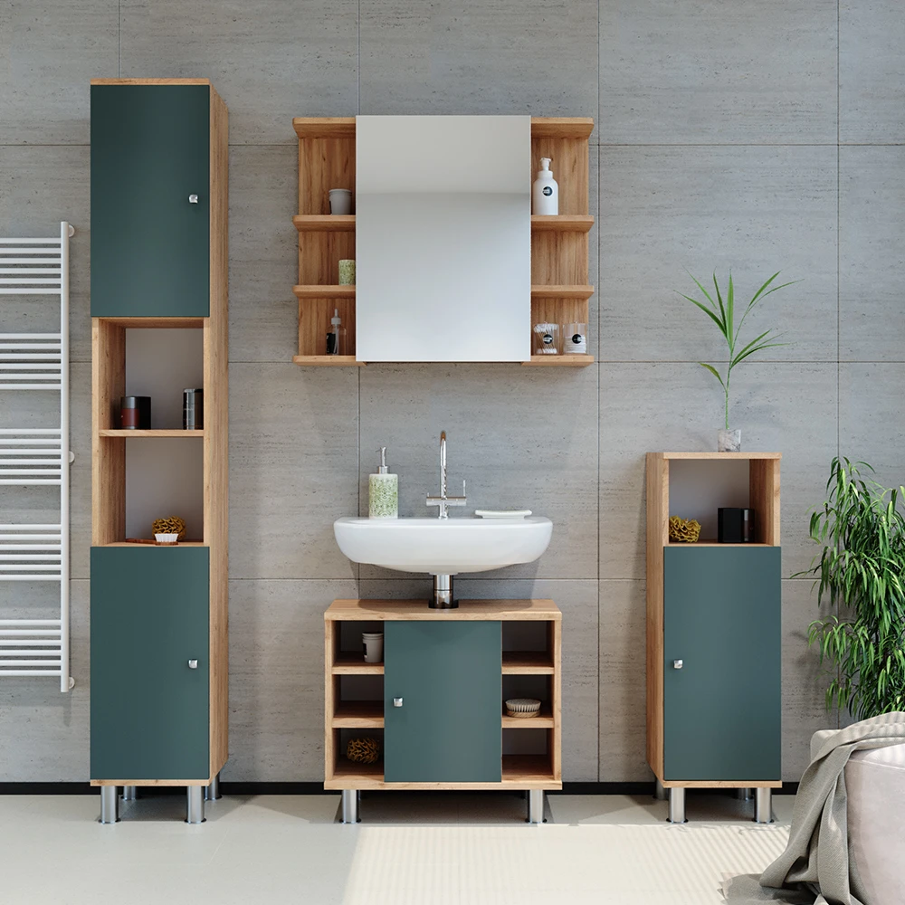 Badmöbel Set "Fynn" Grün/Goldkraft Eiche 3 Teile, Mit Midischrank Vicco 6 Badmöbel Set "Fynn" Grün/Goldkraft Eiche 3 Teile, Mit Midischrank Vicco – Bild 4