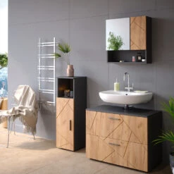Badmöbel Set "Irma" Anthrazit/Eiche 3 Teile, Mit Midischrank Vicco -Vicco m4988 04 ol