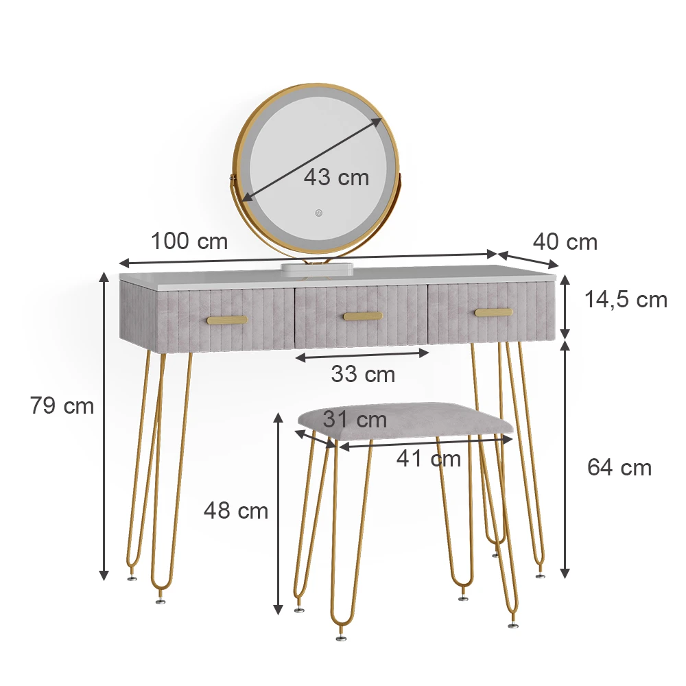 Schminktisch "Layla" Grau/Weiß 100 Cm Mit LED Beleuchtung Und Hocker Vicco 5 Schminktisch "Layla" Grau/Weiß 100 Cm Mit LED Beleuchtung Und Hocker Vicco – Bild 3