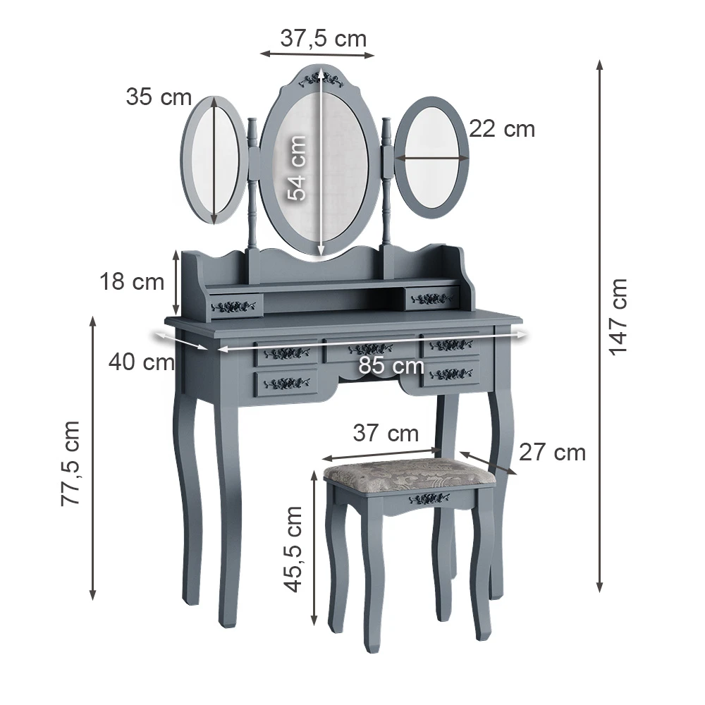 Schminktisch "Diana" Grau 85 Cm Mit Hocker Vicco 5 Schminktisch "Diana" Grau 85 Cm Mit Hocker Vicco – Bild 3