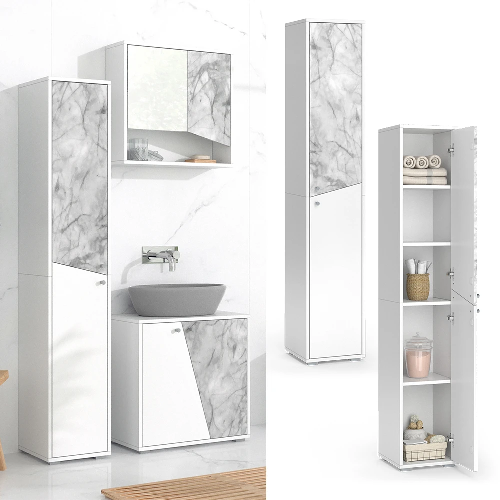 Badschrank "Irida" Weiß/Marmor Hochschrank 30x162 Cm Livinity 4 Badschrank "Irida" Weiß/Marmor Hochschrank 30x162 Cm Livinity – Bild 2