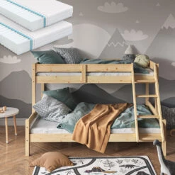 Etagenbett "Everest" Naturholz 140x200 / 90x200 Cm Mit 2 Matratzen Vitalispa -Vicco m5232 matr 04 ol