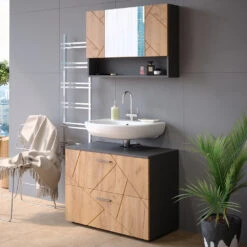 Badmöbel Set "Irma" Anthrazit/Eiche 2 Teile, Unterschrank 80 Cm Vicco -Vicco m5244 04 ol